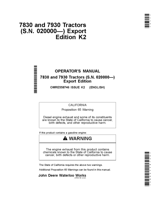 John Deere 7830 7930 Tractors Export Edition 020000 034999 OMRE558746 Operation and Maintenance manual PDF Download