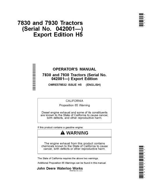 John Deere 7830 7930 Tractors Export Edition 042001 OMRE578532 Operation and Maintenance manual PDF Download