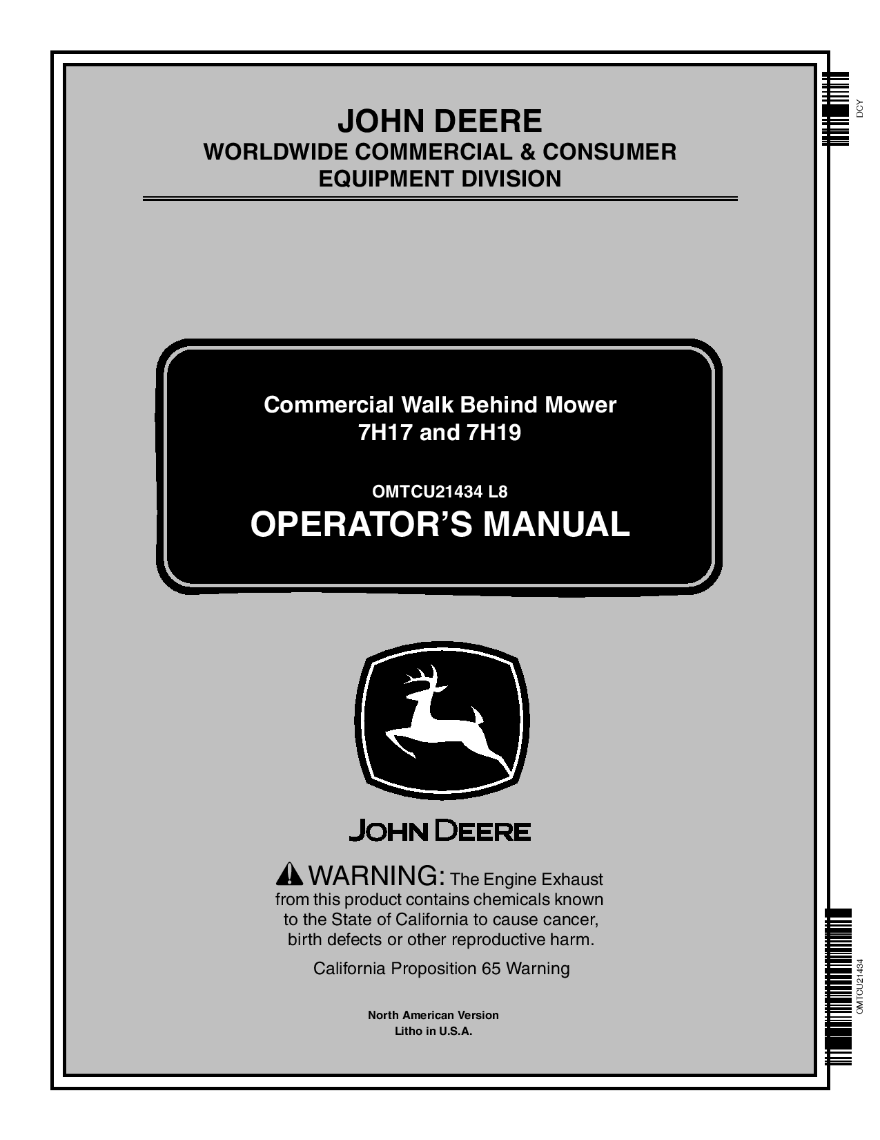 John Deere 7H17 030001 7H19 020001 Commercial Walk Behind Mowers OMTCU21434 Operation and Maintenance manual PDF Download