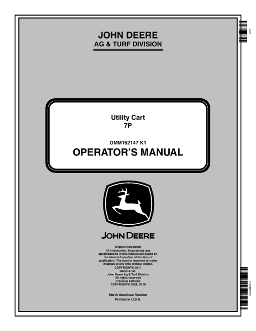 John Deere 7P Utility Cart 010001 OMM162147 Operation and Maintenance manual PDF Download