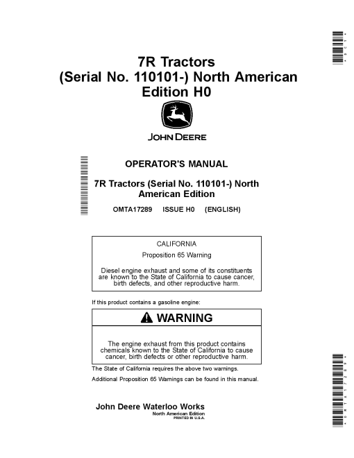 John Deere 7R 210 7R 230 7R 250 7R 270 7R 290 7R 310 and 7R 330 7R Tractors 110101 OMTA17289 Operation and Maintenance manual PDF Download