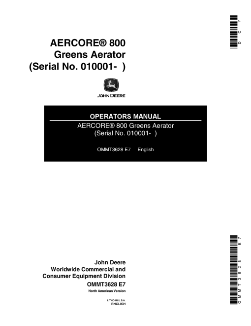 John Deere 800 Aercore Aerator North American Edition 010001 045000 OMMT3628 Operation and Maintenance manual PDF Download