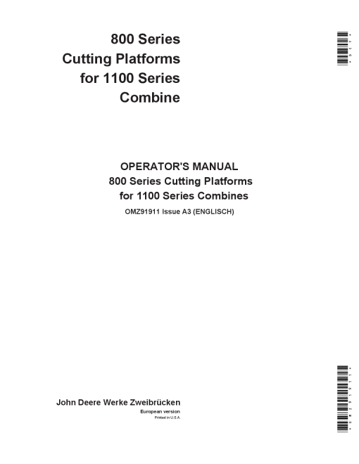 John Deere 800 Series Cutting Platforms for 1100 Series Combines OMZ91911 Operation and Maintenance manual PDF Download