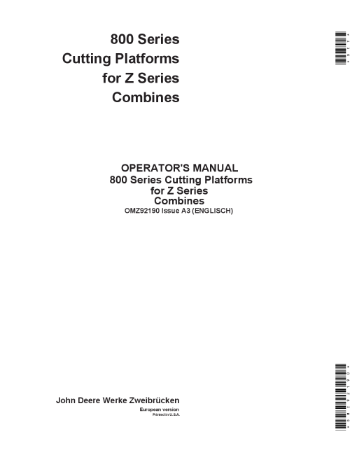 John Deere 800 Series Cutting Platforms for Z Series Combines OMZ92190 Operation and Maintenance manual PDF Download