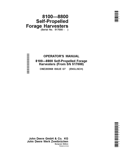 John Deere 8100 8200 8300 8400 8500 8600 8700 8800 Self Propelled Forage Harvesters OMZ200968 Operation and Maintenance manual PDF Download