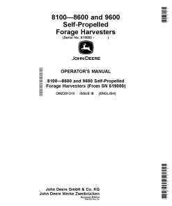 John Deere 8100 8200 8300 8600 8400 8500 9600 Self Propelled Forage Harvesters OMZ201310 Operation and Maintenance manual PDF Download
