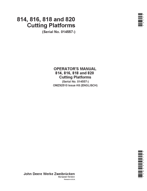 John Deere 814 816 818 820 Cutting Platforms OMZ92510 Operation and Maintenance manual PDF Download