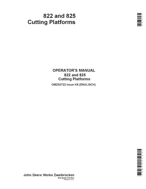John Deere 822 825 Cutting Platforms OMZ92722 Operation and Maintenance manual PDF Download