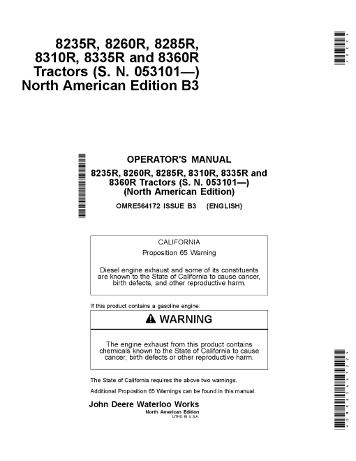 John Deere 8235R 8260R 8285R 8310R 8335R 8360R Tractors OMRE564172 Operation and Maintenance manual PDF Download