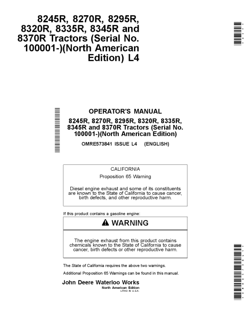 John Deere 8245R 8270R 8295R 8320R 8335R 8345R 8370R Tractors North American Edition 100001 108000 OMRE573841 Operation and Maintenance manual PDF Download