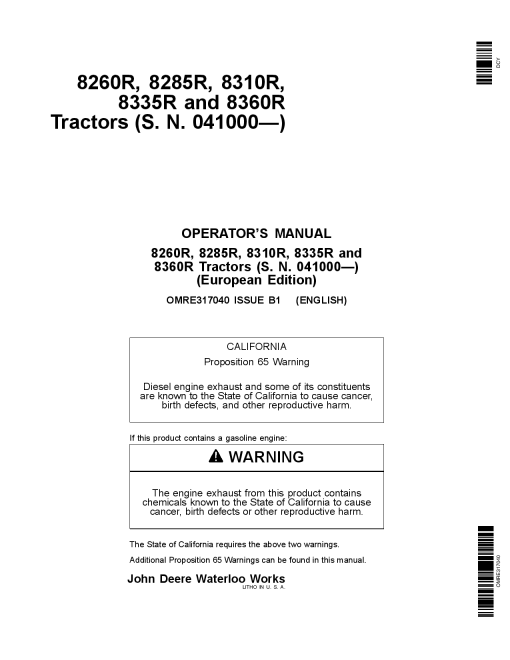 John Deere 8260R 8285R 8310R 8335R 8360R Tractors OMRE317040 Operation and Maintenance manual PDF Download