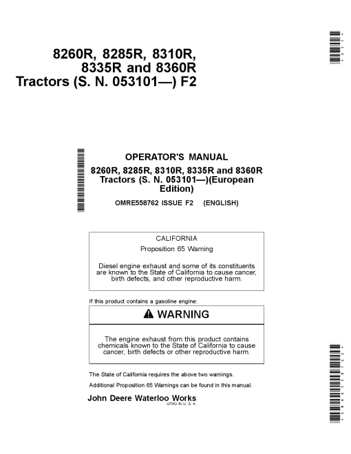 John Deere 8260R 8285R 8310R 8335R 8360R Tractors OMRE558762 Operation and Maintenance manual PDF Download