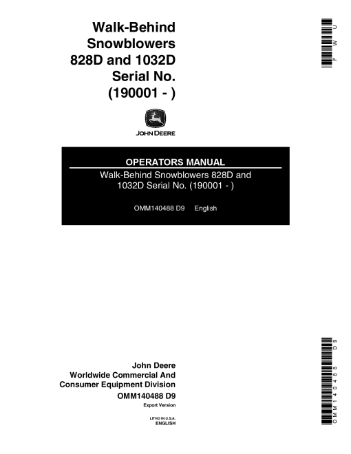 John Deere 828D 1032D Walk Behind Snowblowers 190001 OMM140488 Operation and Maintenance manual PDF Download