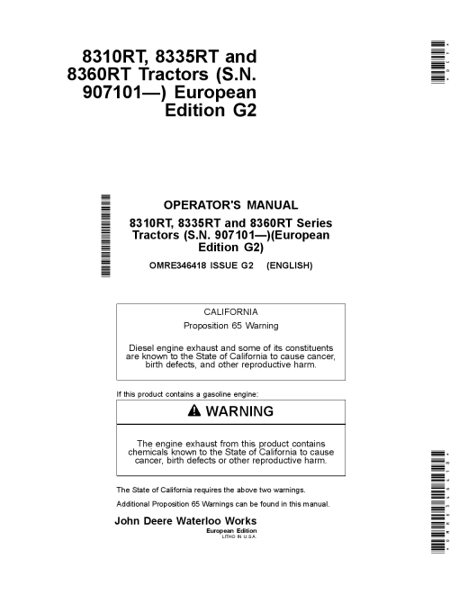 John Deere 8310RT 8335RT 8360RT Tractors European Edition 907101 OMRE346418 Operation and Maintenance manual PDF Download