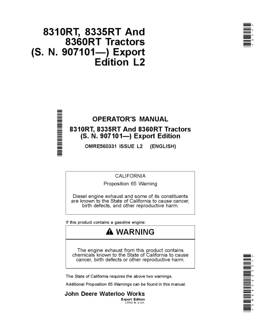 John Deere 8310RT 8335RT 8360RT Tractors Export Edition 907101 OMRE560331 Operation and Maintenance manual PDF Download