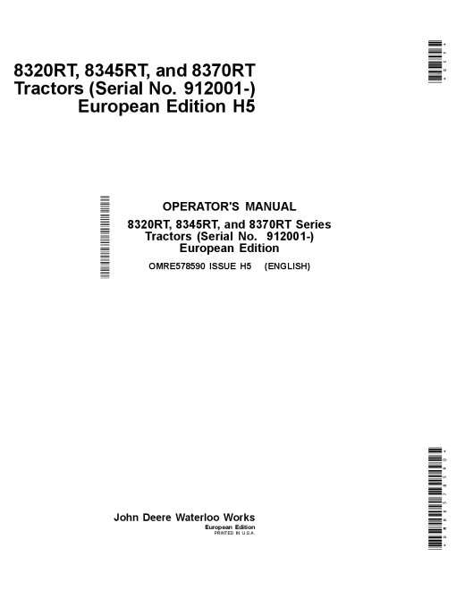 John Deere 8320RT 8345RT 8370RT Tractors European Edtion 912001 OMRE578590 Operation and Maintenance manual PDF Download