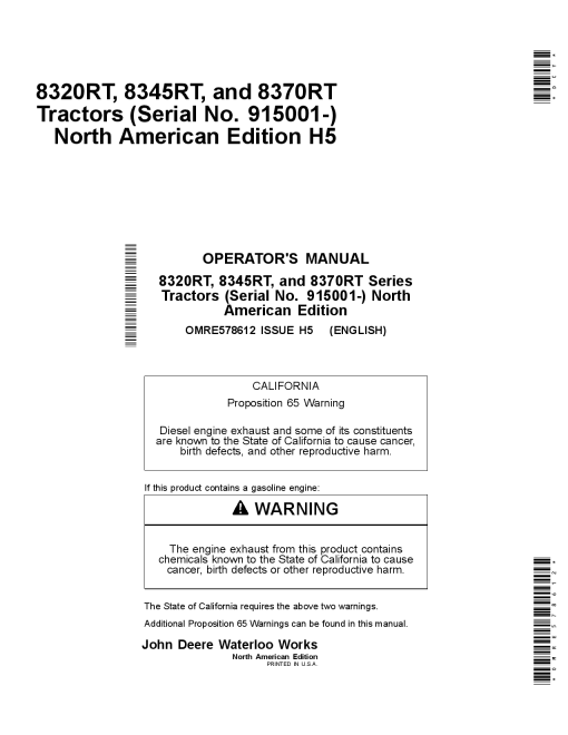 John Deere 8320RT 9345RT 8370RT Tractors North American Edition 915001 OMRE578612 Operation and Maintenance manual PDF Download