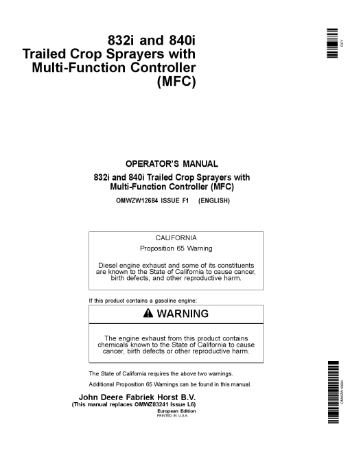 John Deere 832i 840i Trailed Crop Sprayers with Multi Function Controller MFC OMWZW12684 Operation and Maintenance manual PDF Download