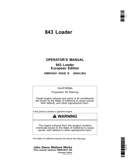 John Deere 843 Loader OMW53631 Operation and Maintenance manual PDF Download