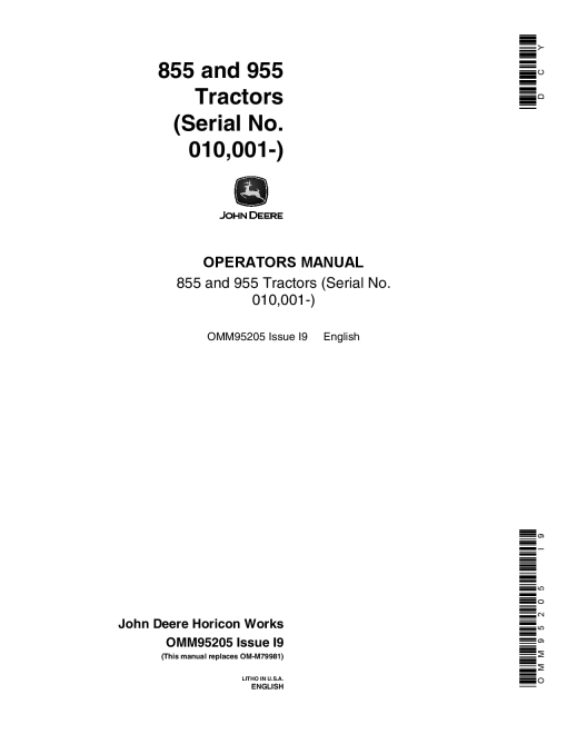John Deere 855 955 Tractors 010001 OMM95205 Operation and Maintenance manual PDF Download