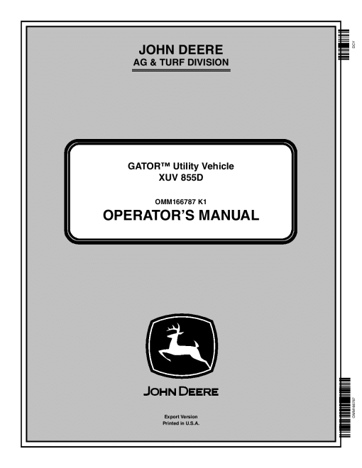 John Deere 855D XUV Gator Export Edition 030001 060000 OMM166787 Operation and Maintenance manual PDF Download