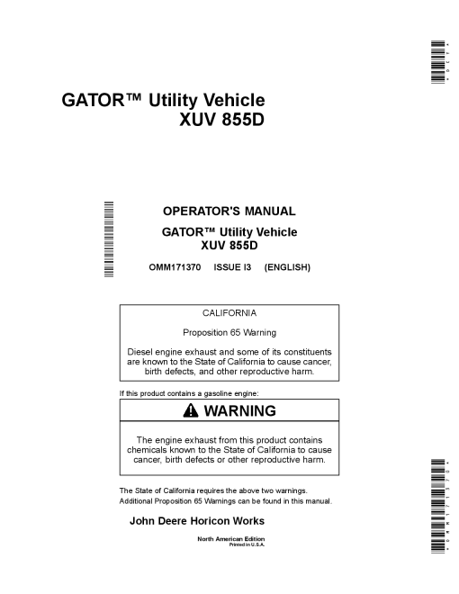 John Deere 855D XUV Gator North American Edition 080001 100000 OMM171370 Operation and Maintenance manual PDF Download