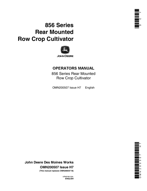 John Deere 856 Series Row Crop Cultivator 001662 OMN200507 Operation and Maintenance manual PDF Download