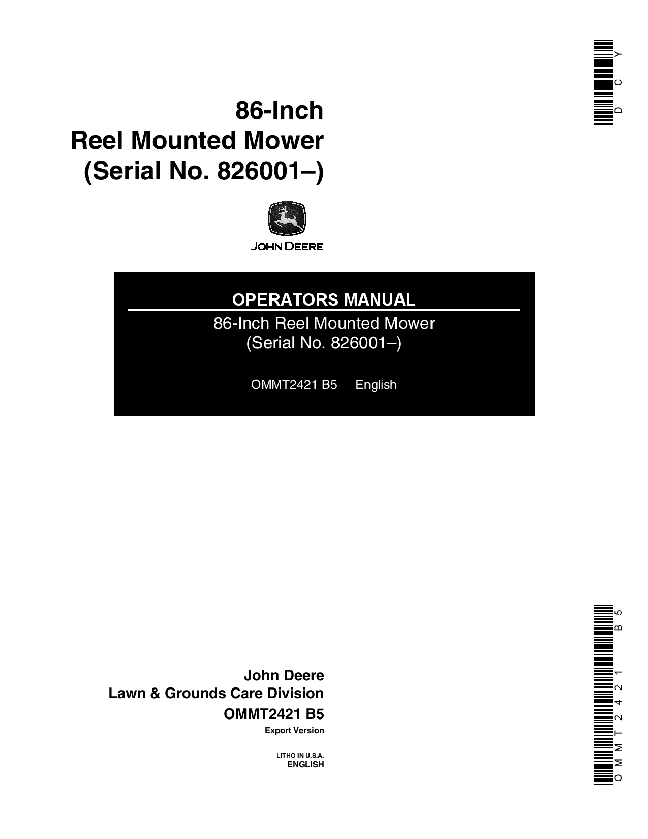 John Deere 86 Inch Reel Mounted Mower OMMT2421 Operation and Maintenance manual PDF Download