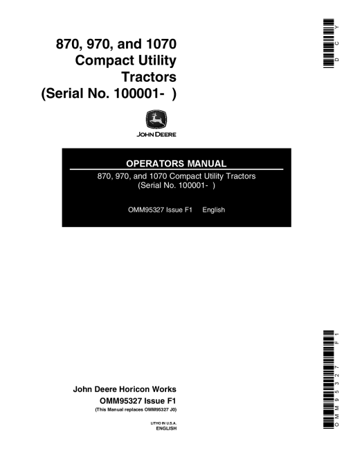 John Deere 870 970 1070 Compact Utility Tractors 100001 OMM95327 Operation and Maintenance manual PDF Download