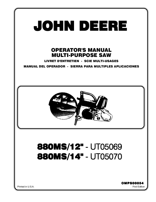 John Deere 880MS 12 UT05069 880MSI14 UT05070 Multi Purpose Saw OMPS00054 Operation and Maintenance manual PDF Download