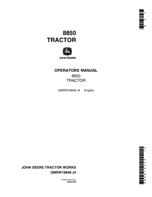 John Deere 8850 Tractor OMRW16848 Operation and Maintenance manual PDF Download