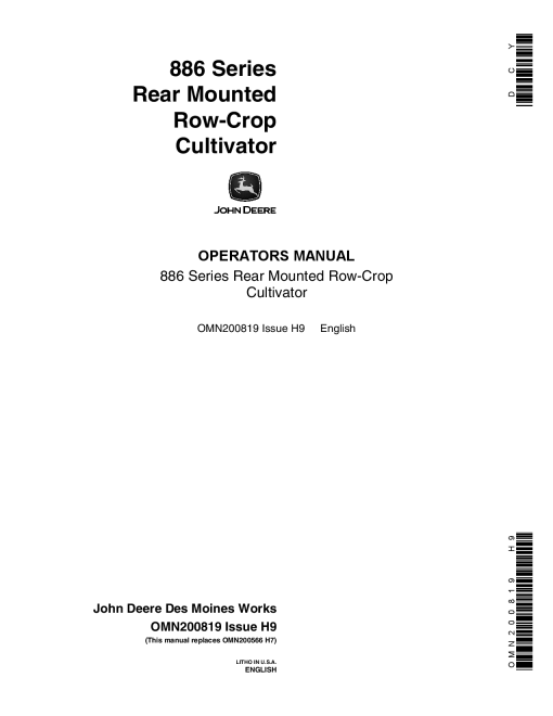 John Deere 886 Series Rear Mounted Row Crop Cultivator OMN200819 Operation and Maintenance manual PDF Download