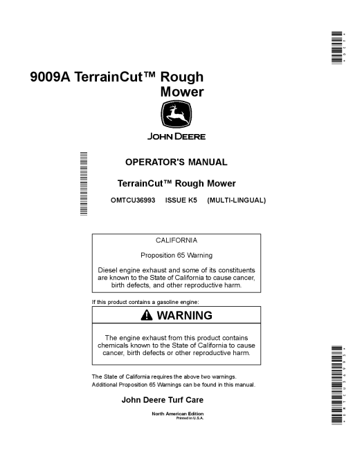 John Deere 9009A TerrainCut Rough MowerNorth American Edition 010001 OMTCU36993 Operation and Maintenance manual PDF Download