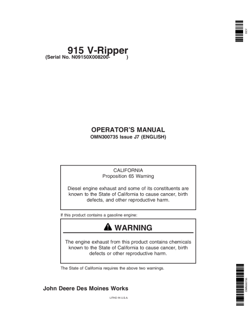 John Deere 915 V Rippers Mfg in USA OMN300735 Operation and Maintenance manual PDF Download