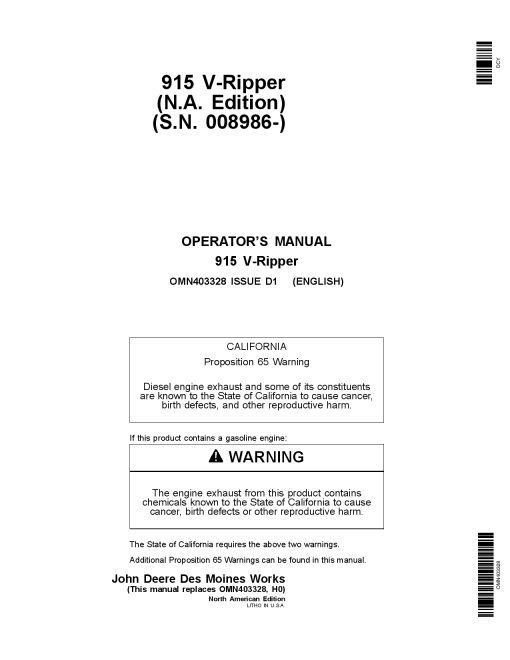 John Deere 915 V Rippers Mfg in USA OMN403328 Operation and Maintenance manual PDF Download