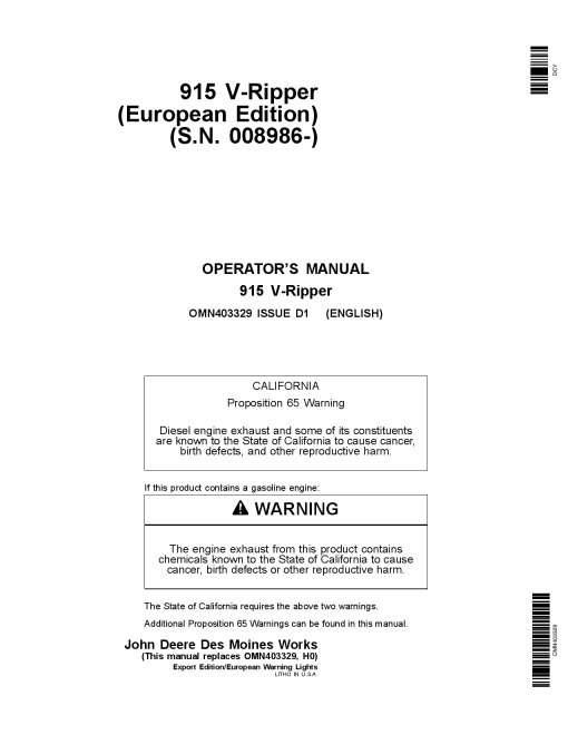 John Deere 915 V Rippers Mfg in USA OMN403329 Operation and Maintenance manual PDF Download