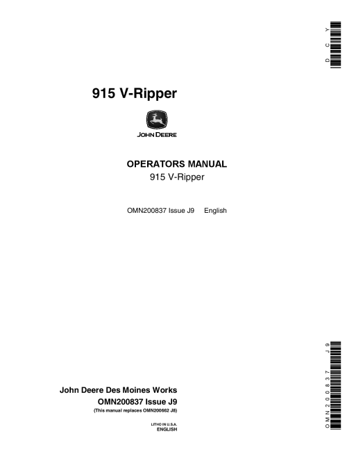John Deere 915V Rippers Mfg in USA OMN200837 Operation and Maintenance manual PDF Download