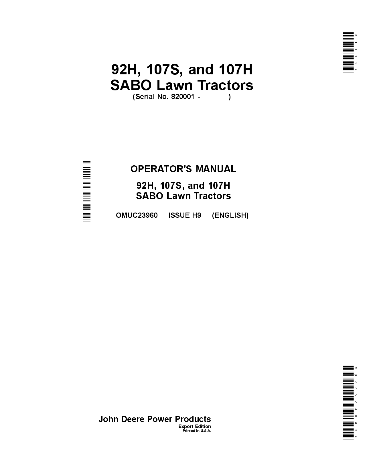John Deere 92H 1075 and 107H SABO Lawn Tractors OMUC23960 Operation and Maintenance manual PDF Download