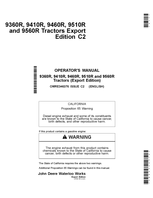 John Deere 9360R 9410R 9460R 9510R 9560R Tractors OMRE346376 Operation and Maintenance manual PDF Download
