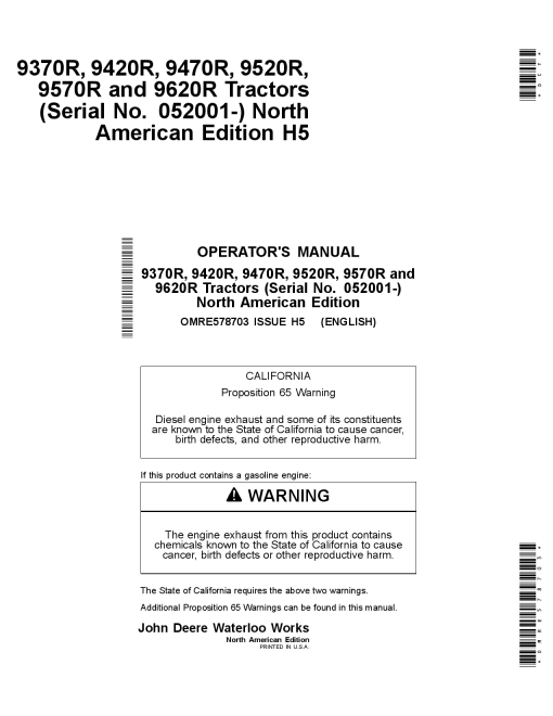 John Deere 9370R 9420R 9470R 9520R 9570R 9620R Tractors North American Edition 052001 OMRE578703 Operation and Maintenance manual PDF Download