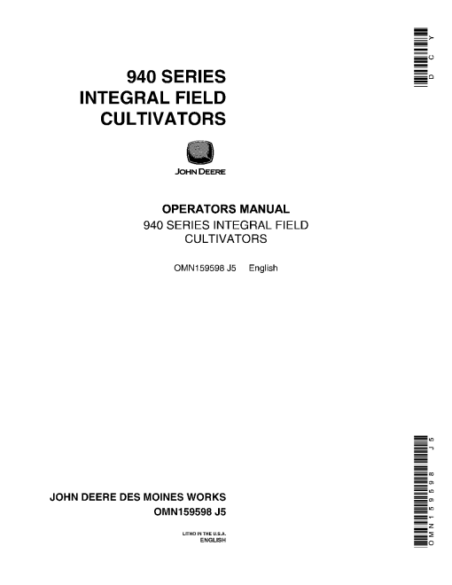 John Deere 940 Series Integral Field Cultivators OMN159598 Operation and Maintenance manual PDF Download