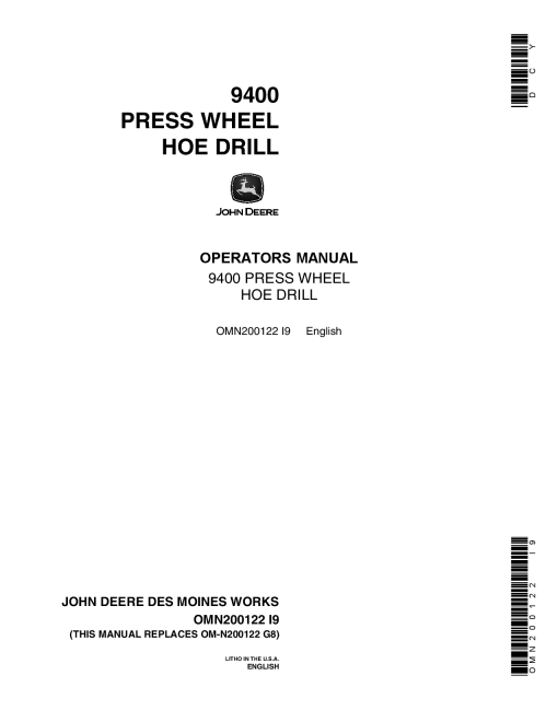 John Deere 9400 Press Wheel Hoe Drill 003667 OMN200122 Operation and Maintenance manual PDF Download