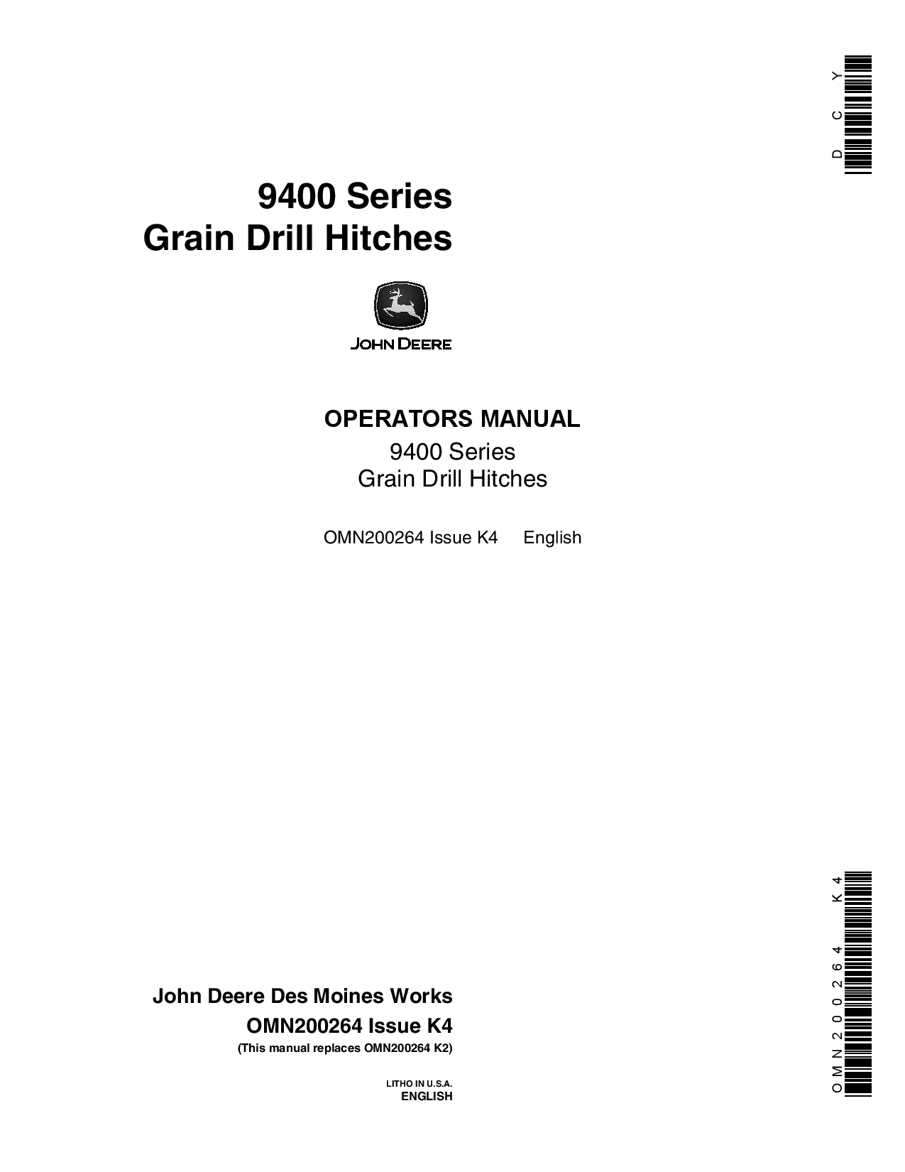 John Deere 9400 Series Grain Drill Hitches OMN200264 Operation and Maintenance manual PDF Download