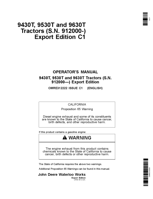 John Deere 9430T 9530T and 9630T Tractors 912000 Export Edition OMRE312222 Operation and Maintenance manual PDF Download