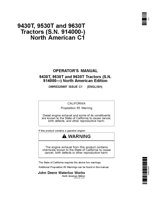 John Deere 9430T 9530T and 9630T Tractors 914000 OMRE325897 Operation and Maintenance manual PDF Download