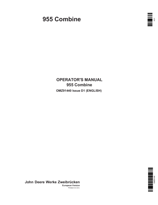 John Deere 952 Combines OMZ91440 Operation and Maintenance manual PDF Download