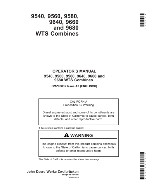 John Deere 9540 9560 9580 9640 9660 9680 CWS WTS combines OMZ93035 Operation and Maintenance manual PDF Download