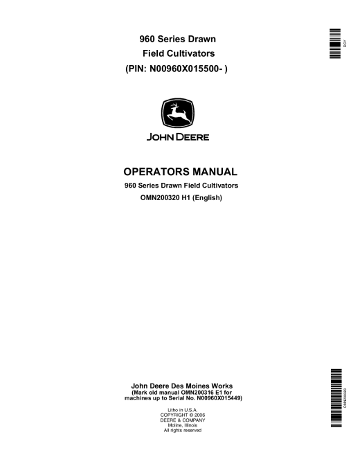 John Deere 960 Drawn Field Cultivator 015500 OMN200320 Operation and Maintenance manual PDF Download