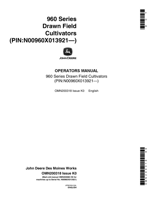 John Deere 960 Series Drawn Field Cultivators 013921 OMN200318 Operation and Maintenance manual PDF Download
