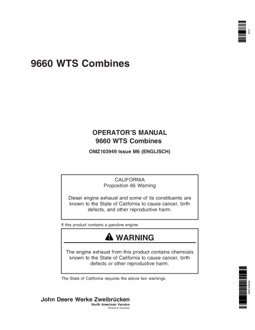 John Deere 9660 WTS Combine 080016 OMZ103949 Operation and Maintenance manual PDF Download